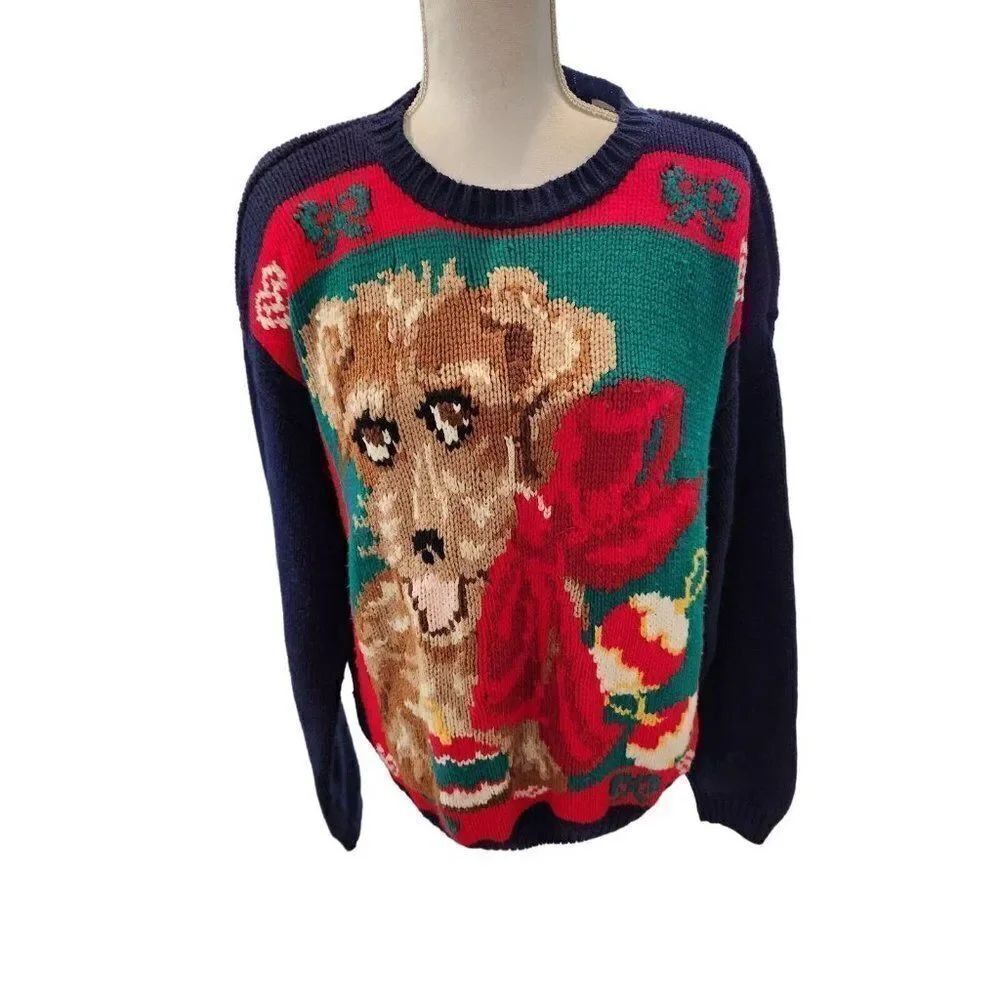 Vintage 80s Knit Blue Red Christmas Dog Pullover Sweater L Novelty